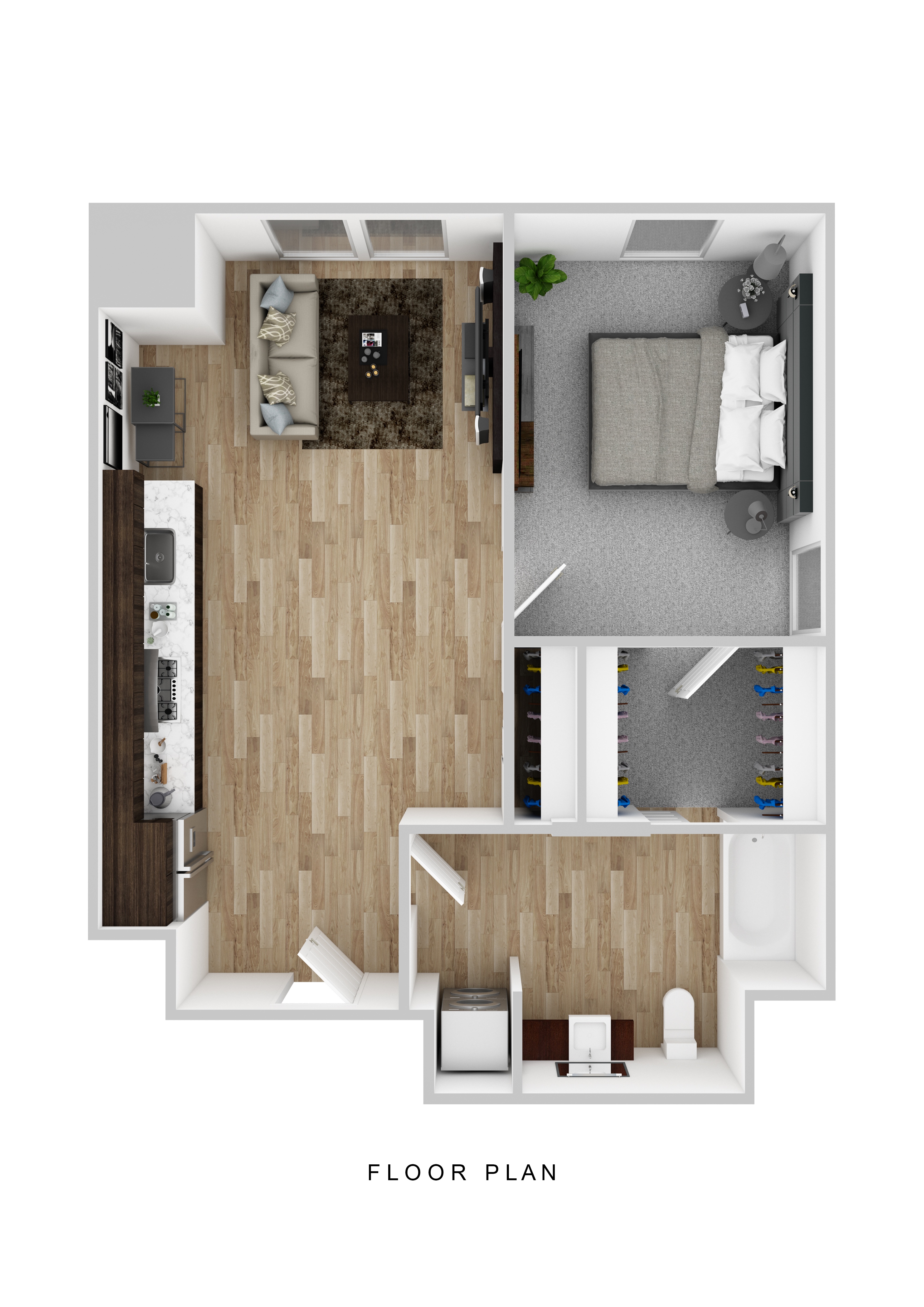 Floor plan for 1 bed, 1 bath, 691 sqft